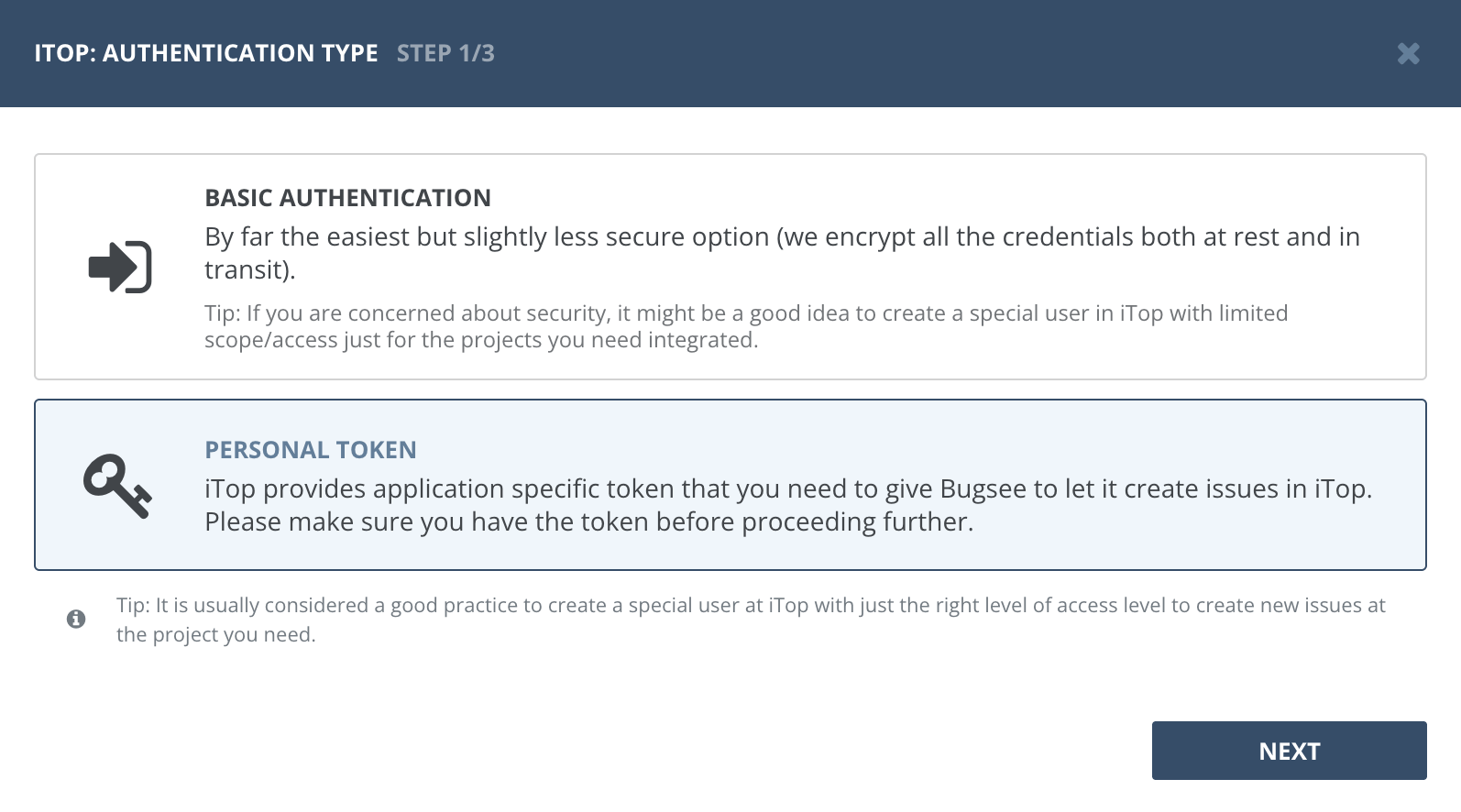 Select personal token
