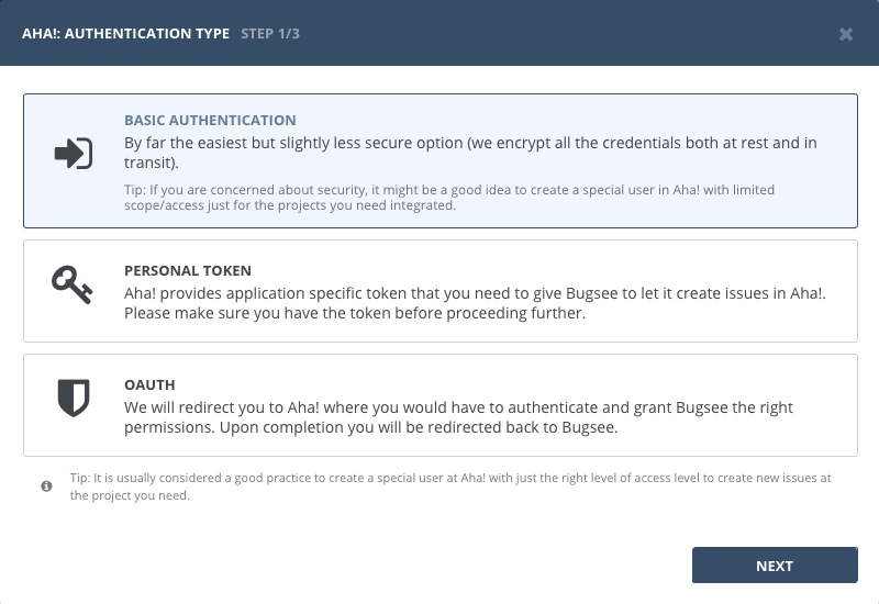 Authentication type selection