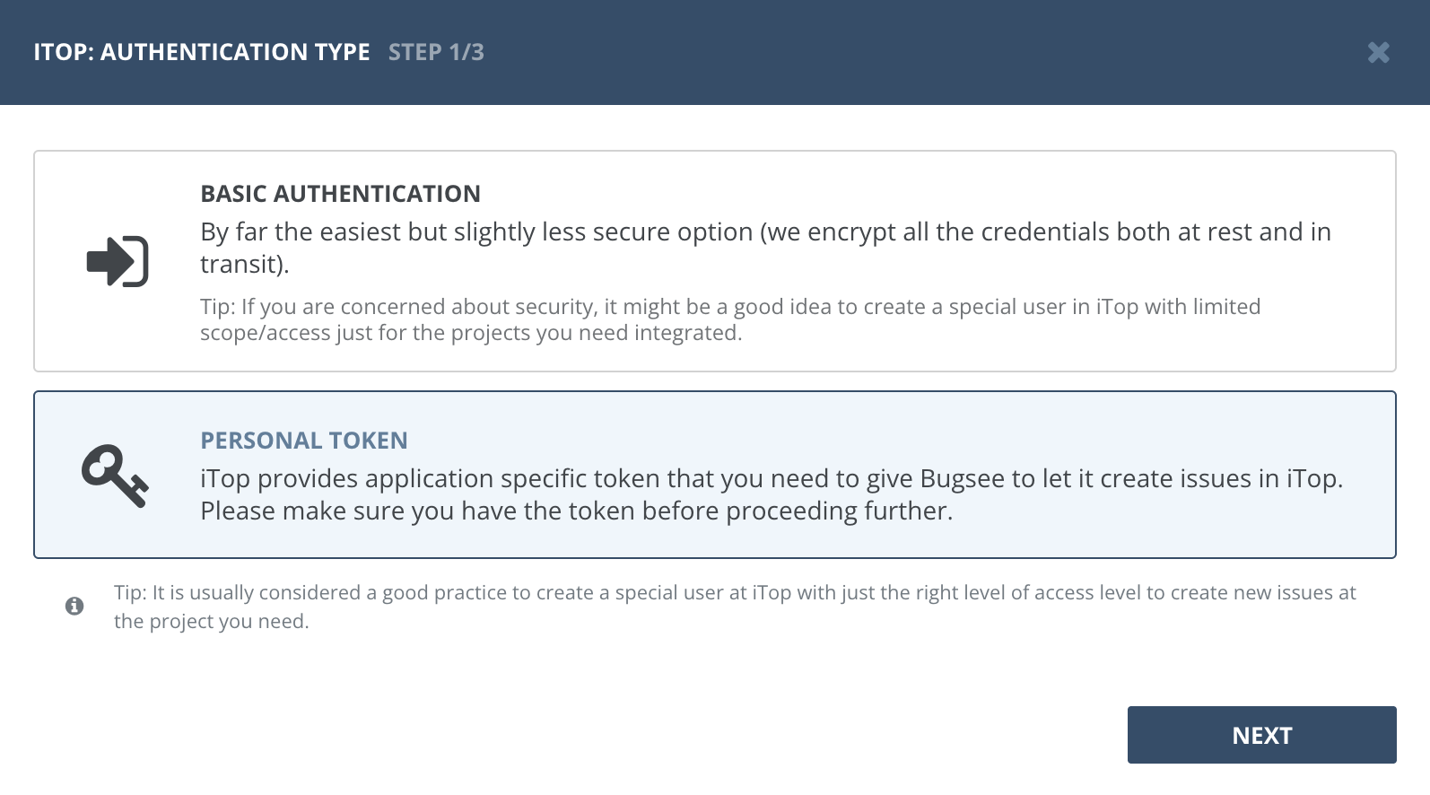 Select personal token